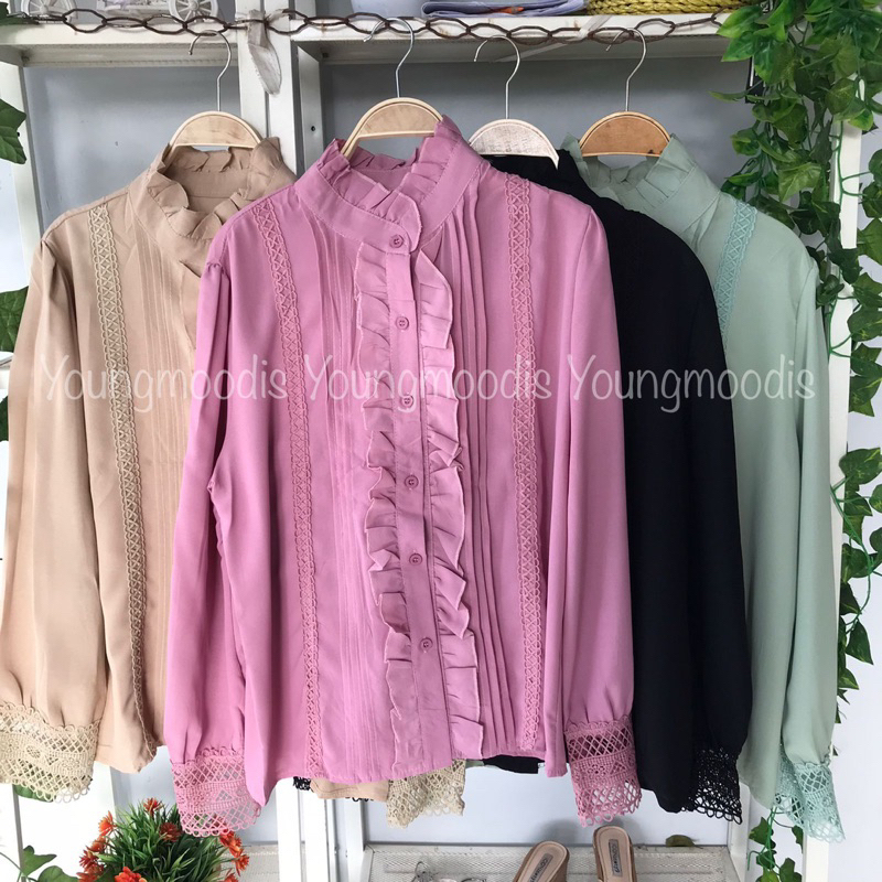 youngmoodis Lacey kemeja blouse brokat katun silk import 4 warna