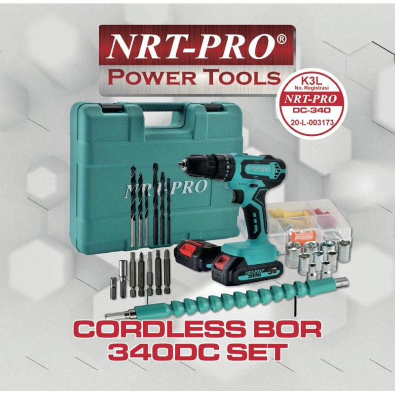 Cordless NRT PRO DC 340 SET 20V Bor Baterai Portable Impact Hammer Drill Bor Beton Tembok Kayu Besi
