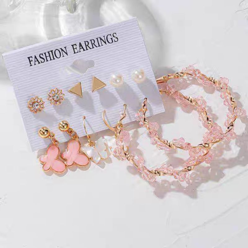 6 Pasang Set Anting Tusuk Aksen Berlian Pink Merah Muda Retro Anting Kupu