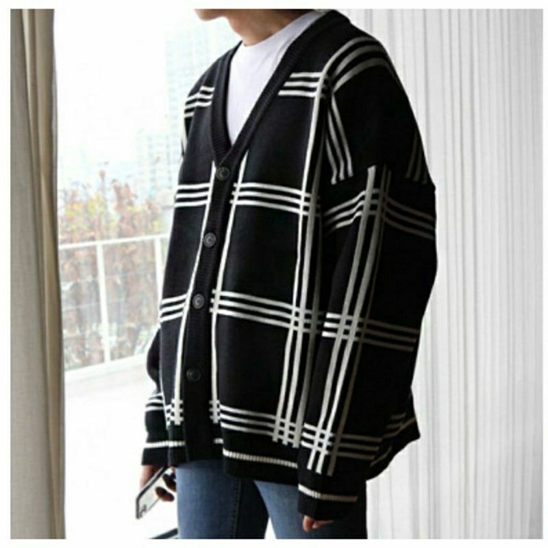 CARDIGAN MINGYU SEVENTEEN BLACK EDITION GARIS KOTAK KOREAN STYLE OUTER KEKINIAN KPOP IDOL TERLARIS M