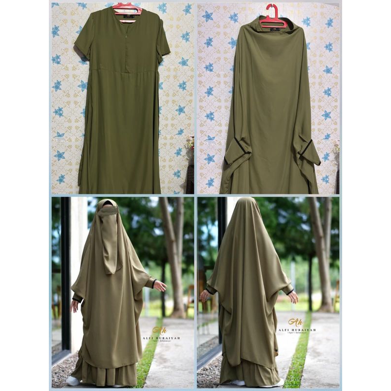 preloved alfi huraiyah haura olive green size m good condition inner dress+ fk french khimar softpad