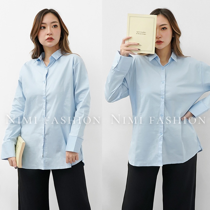 NIMI - Kemeja Biru Formal Wanita Baju Kemeja Kerja Biru Polos wanita lengan panjang