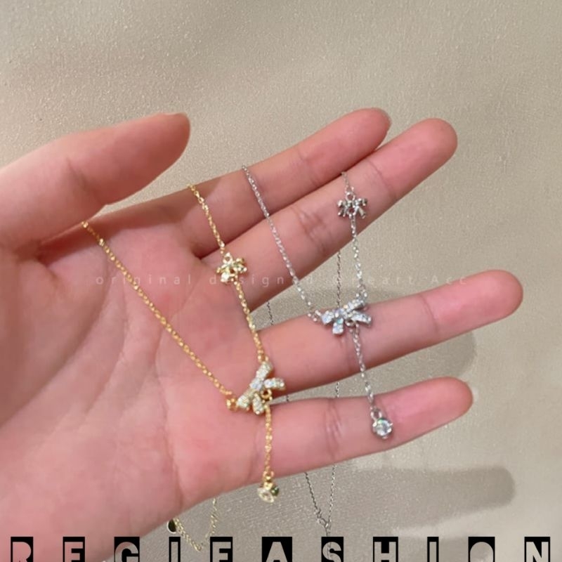 { COD } Kalung Titanium Wanita Korea Liontin Pita Permata Jurai Kalung Wanita Titanium Asli Anti Karat Tidak Luntur