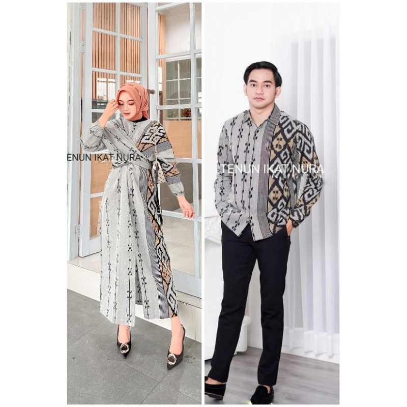 Couple Tenun Dress Rania Lengan Panjang dan Kemeja Full Tenun