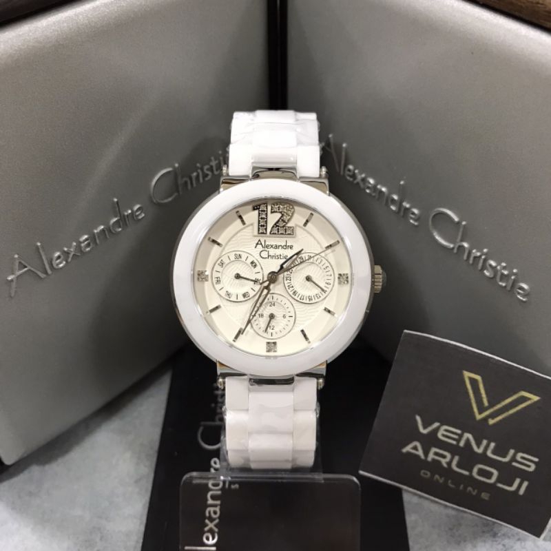 Jam Alexandre Christie AC 2359 BF BSS Wanita Silver Rantai Keramik Putih Bulat