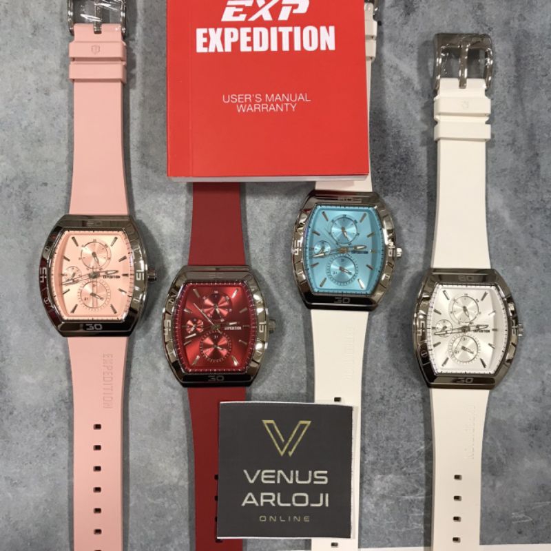 Jam Expedition SE 6800 BF RSS Wanita Silver Karet Pink Merah Putih Segi