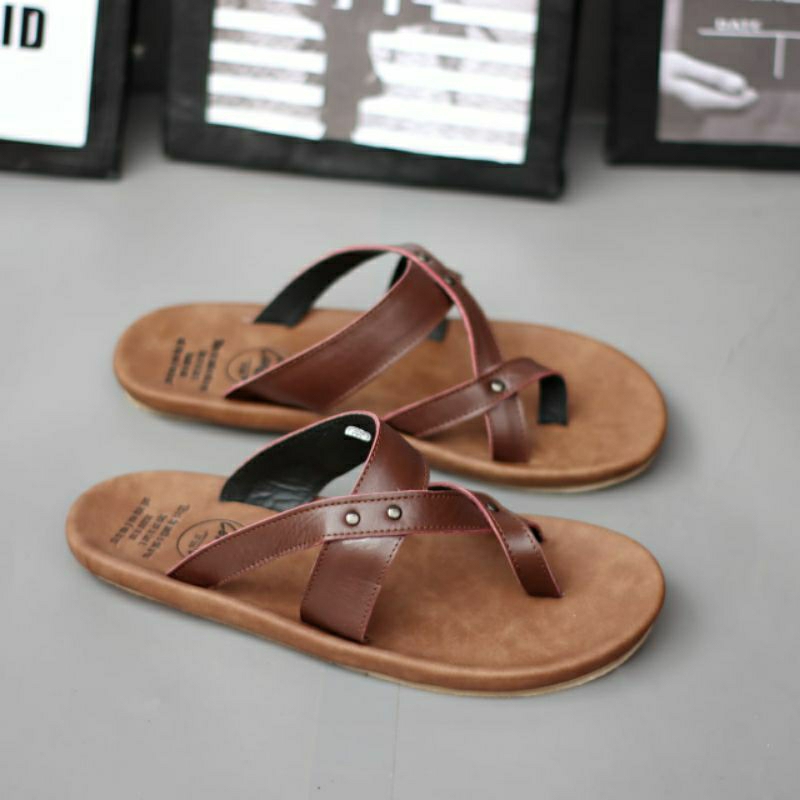 CEVANY WIROS Brown (KULIT ASLI) Sandal Pria Kulit Asli Sendal Casual Ringan Anti Licin