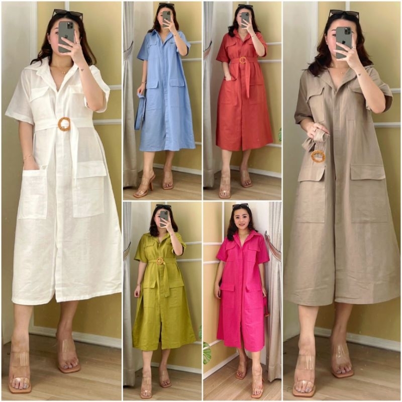 ♡ PREMIUM ♡ ORIGINAL ! CRETTY 4 POCKET LOOSE BUTTON MIDI DRESS WITH BELT ( BUSUI FRIENDLY )