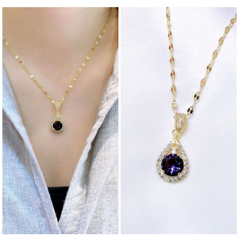 KALUNG CANTIK LIONTIN BATU UNGU LIST MATA MATA RANTE PECAH KOPI/KALUNG TITANIUM / AKSESORIS WANITA K