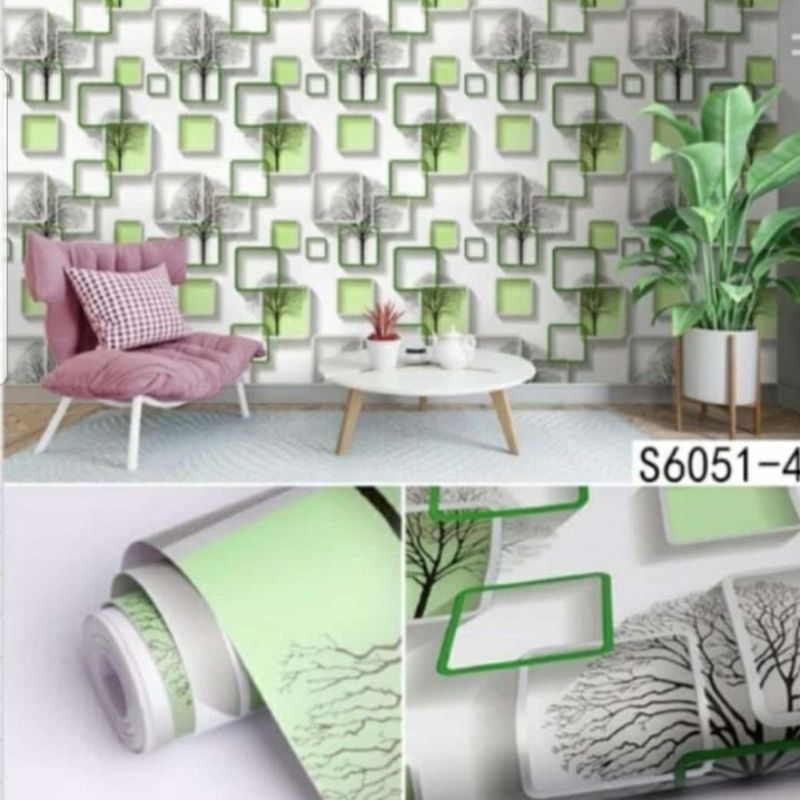 WALLPAPER STIKER DINDING MOTIF POHON KOTAK 3D HIJAU UK 45CM X 10M