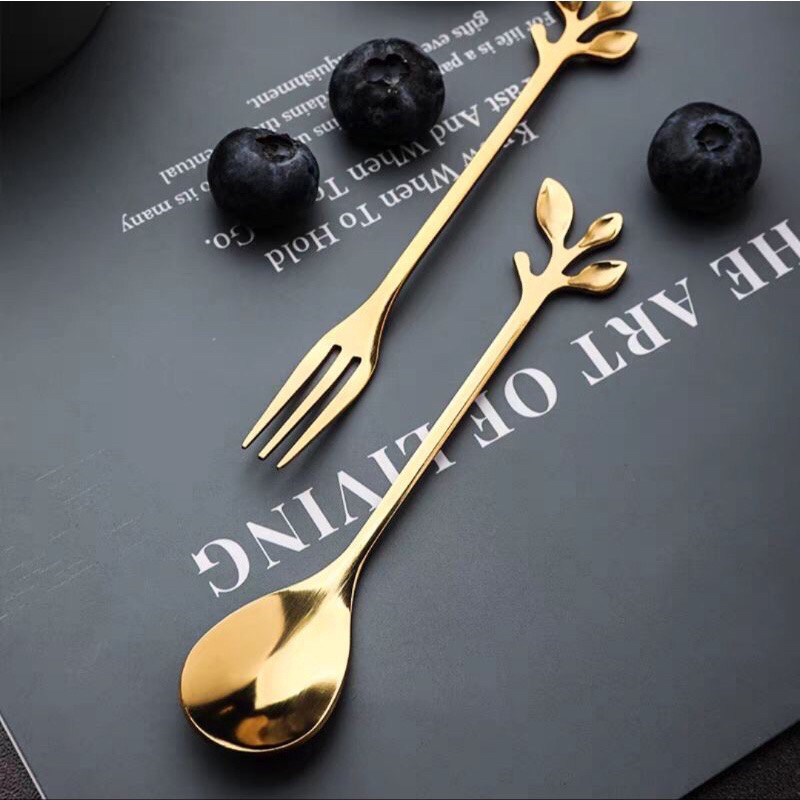 READY SENDOK GARPU TEH KOPI DESSERT / TEASPOON HANDLE DAUN/ SENDOK GARPU DAUN GOLD