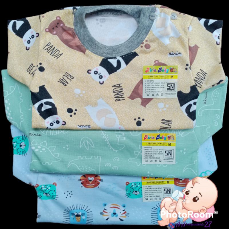 AIRIN BABY 3PC Kaos Oblong Bayi Kancing Pundak Full Print Warna Lembut dan SNI Ukuran M L