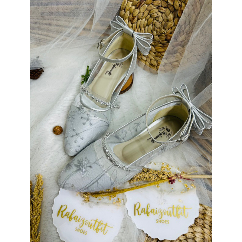 Flatshoes wanita vilea wisuda wedding tali pita silver