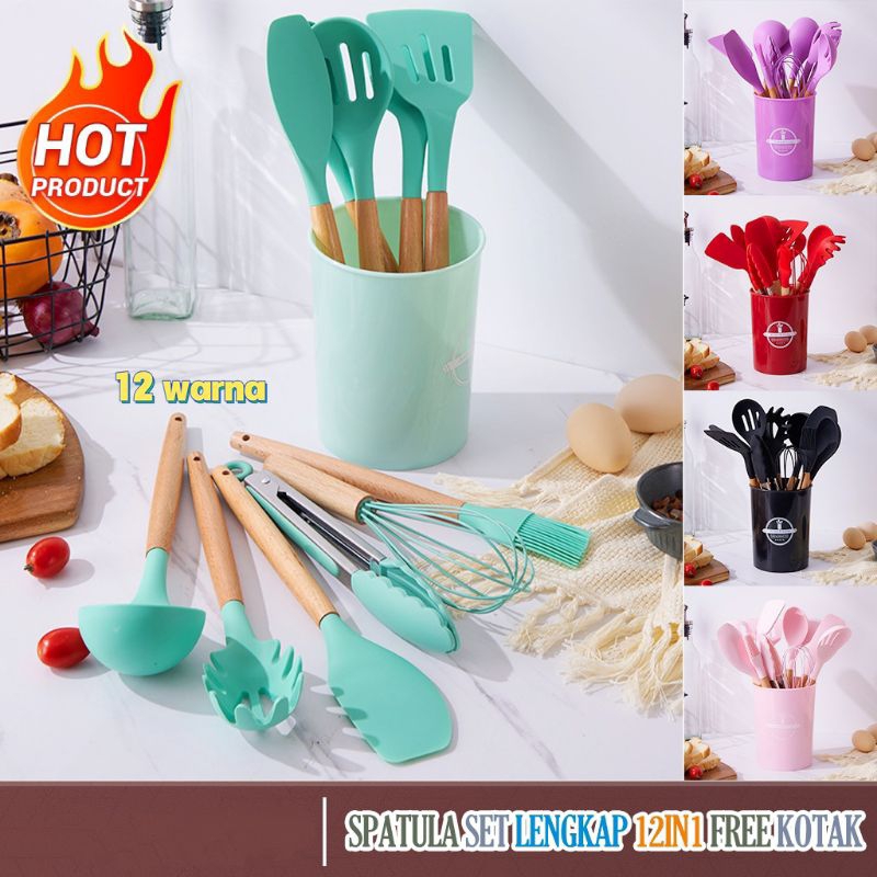 Silicone Utensil Spatula Set 12Pcs Peralatan Masak Spatula Silikon Gagang Kayu Alat Cooking 12 in 1 