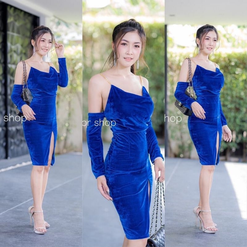 Livy Dress Bludru /Velvet Tali Rantai Gold 903