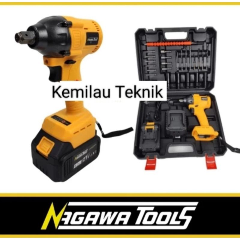 Mesin Bor Cordless Impact Wrench NAGAWA Brushless Baterai 21V Pembuka Baut Set Buka Baut Nic21k ncb2