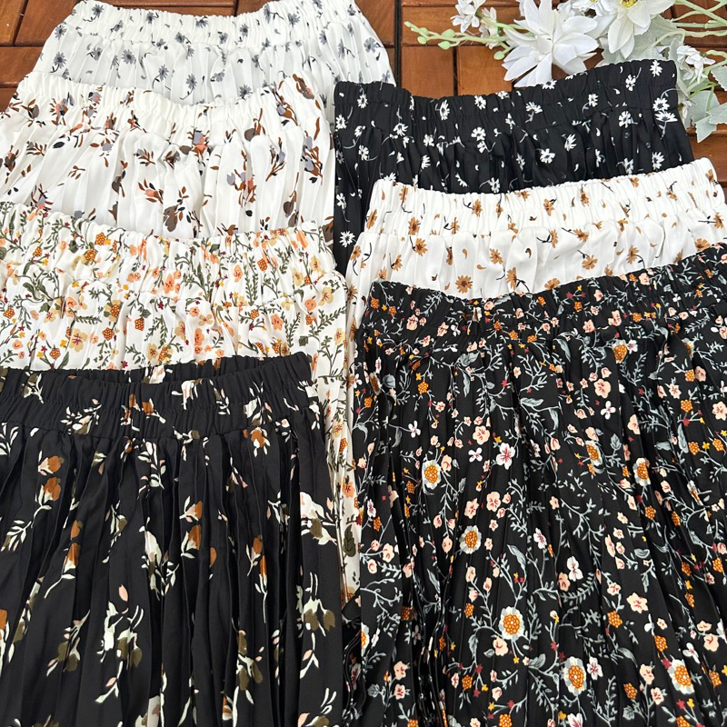 Rok plisket motif bunga/rok midi wanita