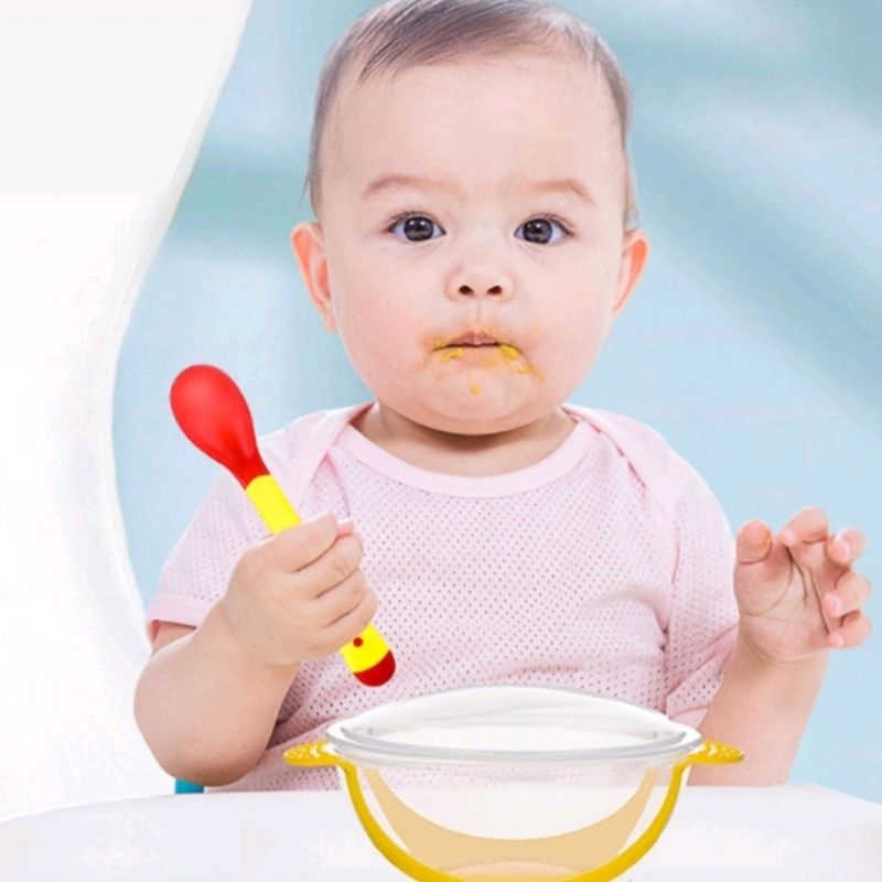 Gratis Ongkir Mangkok Set Bayi Anti Tumpah Sensor Panas Tempat Makan Bayi Silicon Mangkuk Tutup Dan