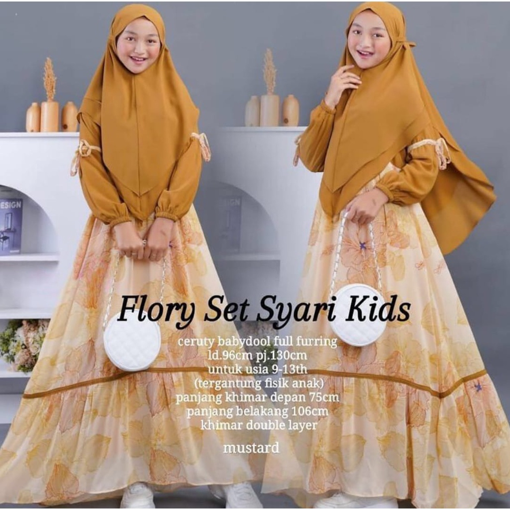 COD Flory Sett Syari Kids + Jilbab Usia 9-13th, Bahan Ceruty Babydoll Full Puring / Dress Anak Terbaru 2023 Gamis Cantik Anak Baju Anak Perempuan Kekinian Gaun Kidss Fashion Lebaran Anak Cewek Oufit Anak Perempuan