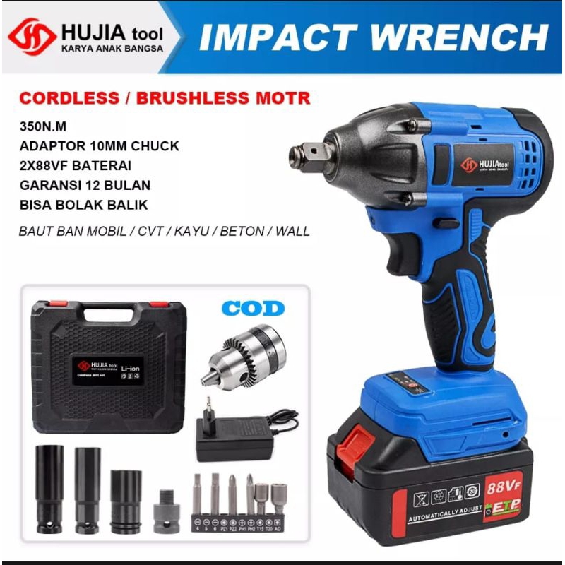 COD HUJIA impact wrench 88VF brushless cordless 350N.M mesin bor impact 2 baterai tool impact batera