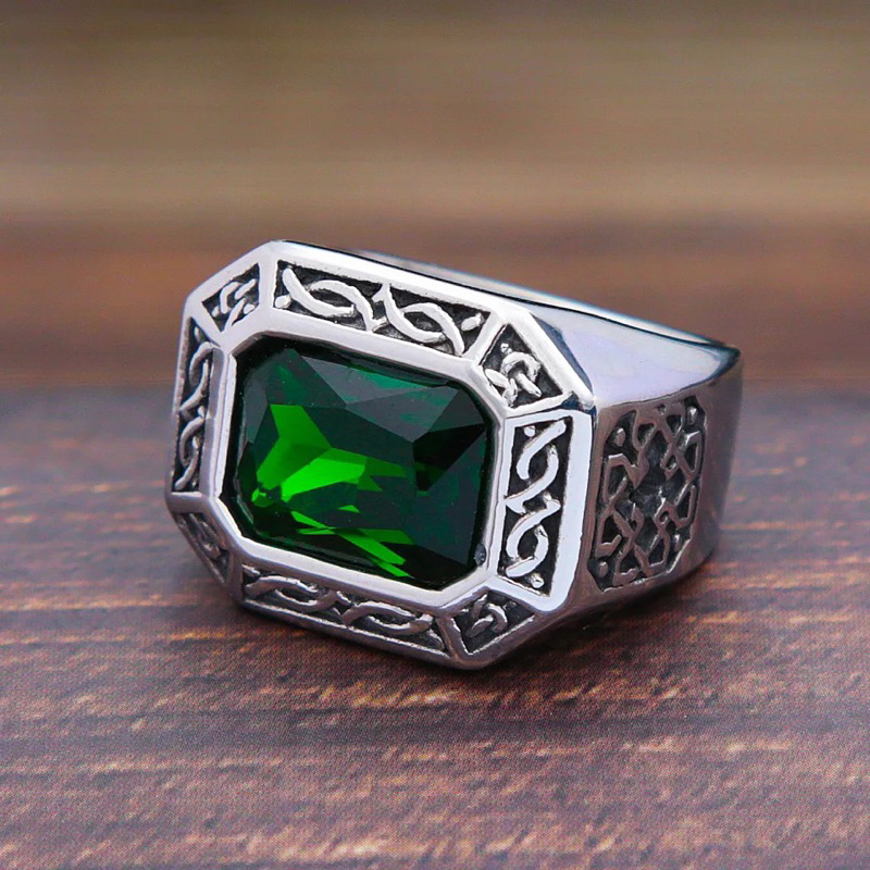 Cincin Batu Zamrud Emerald Hijau Botol Ring Titanium Mewah