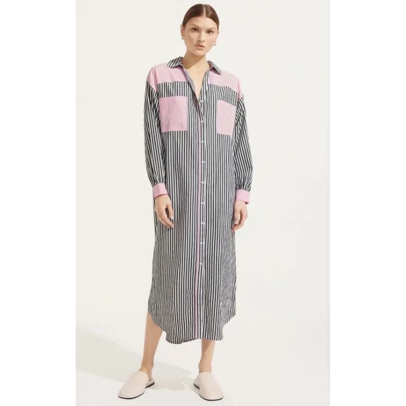 long dress Tunik black pink stripe hitam garis kombinasi warna lengan panjang Korean style casual im