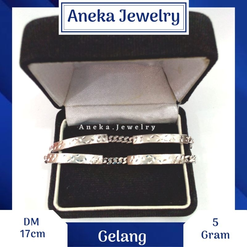 Gelang Plat Ukir Doff, Sepuh Emas Putih, Perak 925