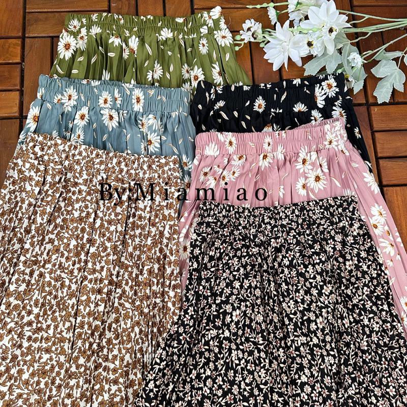 Rok plisket motif bunga/rok midi wanita