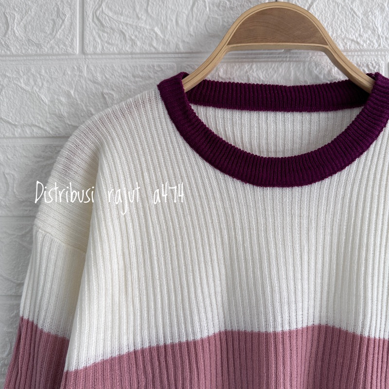 NAWAITU SWEATER RAJUT OVERSIZE MOTIF GARIS BLASTER STRIPE ATASAN LENGAN PANJANG