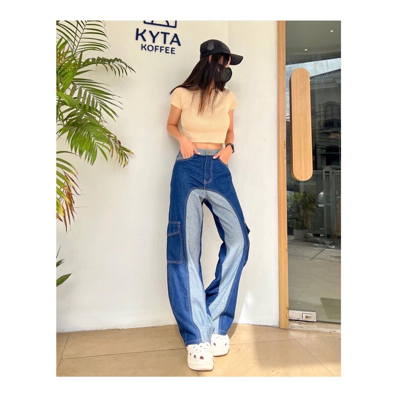 JEANS HIGHWAIST LOOSE OMBRE KOREAN | JEANS HW OMBRE TWO TONE PANJANG LOSE FASHION KOREAN | JEANS BAG