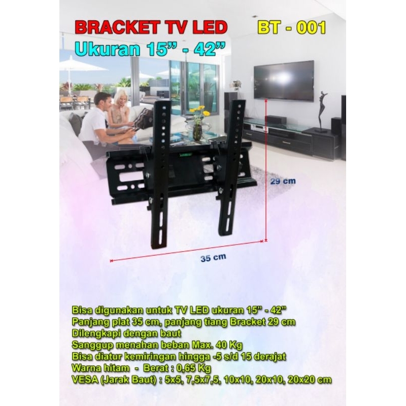 Bracket TV 42 inch dari 15 inch BT001 + Waterpass