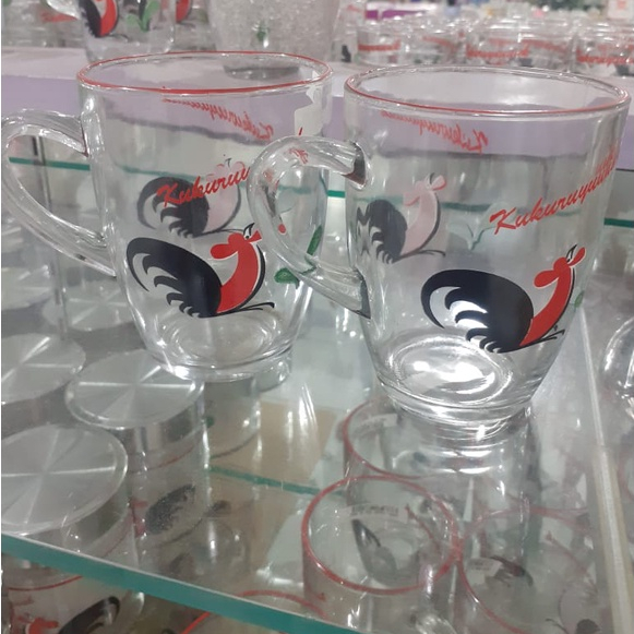 Gelas Kaca Motif Jago 300ml 2Pcs / Gelas Jago / Gelas Gagang Kaca / Gelas Kopi / Gelas Teh