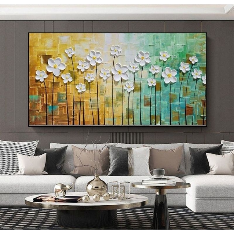 HIASAN DINDING LUKISAN BUNGA CAT TIMBUL