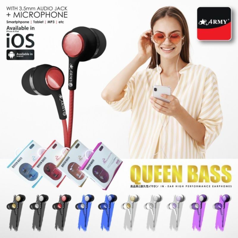 Headset Army Queen Bass Original Hansfree Handset Army Queen Bass Mic Earphone HF Army Queen Bass Or