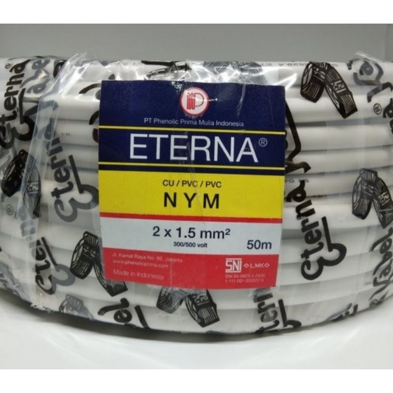 Kabel ETERNA NYM 2 X 1.5 mm SNI. Kawat Tembaga Tunggal, Warna Putih 50 Meter Kabel Cable Listrik Ete
