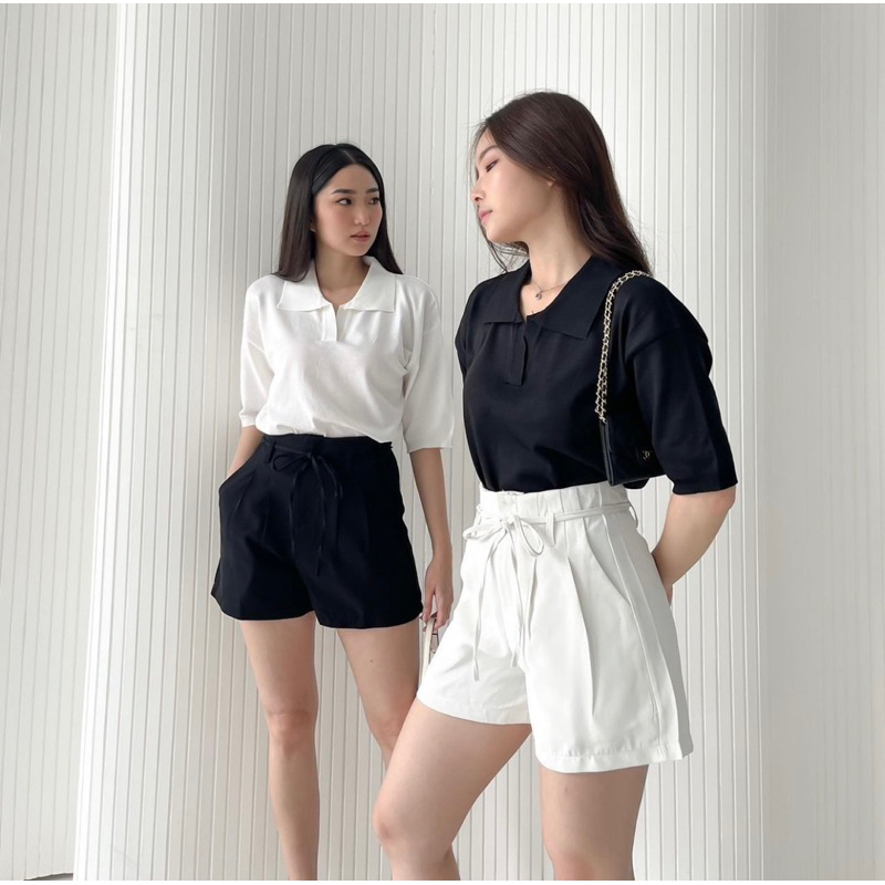 KEZIA LOOSE POLO TOP - SOFT KNIT POLO BASIC KOREA - INNER TOP - ATASAN TANGAN PENDEK - BAJU GARIS GARIS KOREA - BLOUSE RAJUT CASUAL WANITA - HADIAH / KADO ULTAH WANITA