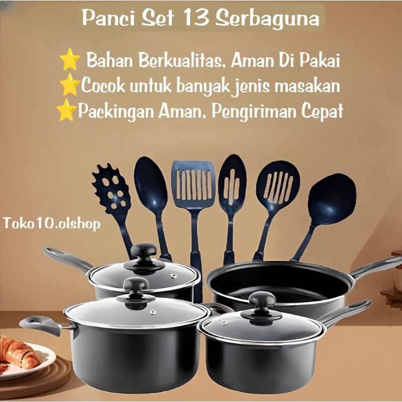 Panci Set 13Pcs Cookware Set Panci+Wajan+Spatula Alat Masak Lengkap⭐Toko10.olshop⭐