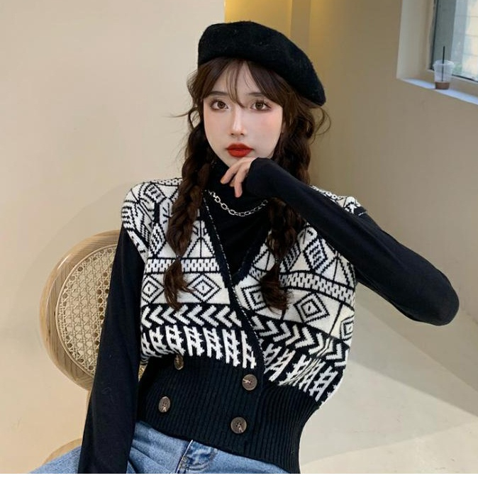 EUNII Rompi Rajut Wanita Retro V-Neck Crop Top Lengan Sweater Korean Style