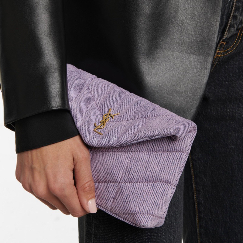 Original Saint Laurent YSL Puffer Small Pouch in Denim & Smooth Leather