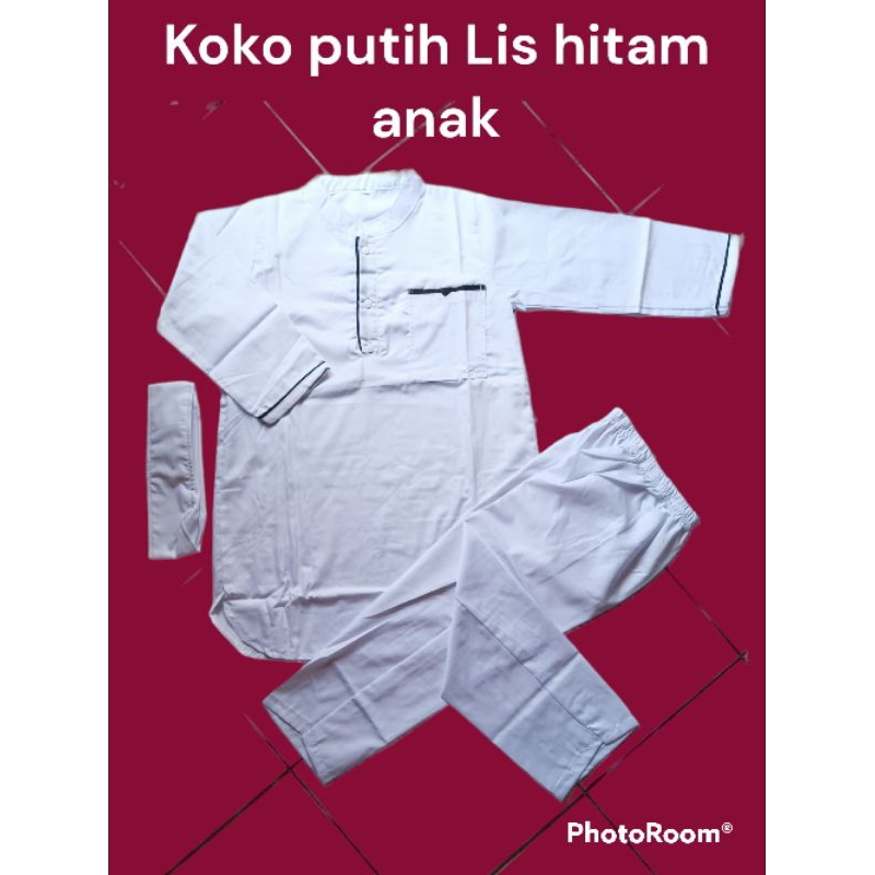 baju Koko anak stelan busana muslim putih lis hitam lengan panjang anak laki laki