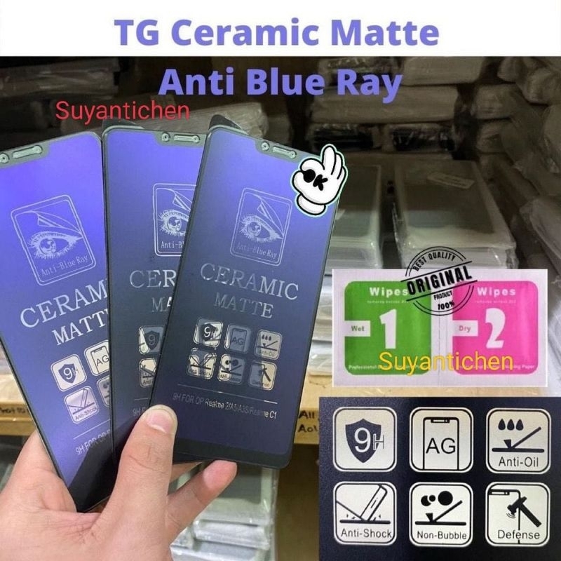 Tempered Glass Ceramic Matte Anti Radiasi Full Samsung Galaxy A3 A5 A7 2016 2017 A9 2018 Anti Gores Keramik Minyak Glare Cover Film Blue Ray Light Screen Layar Glue Lem Fingerprint bekas sidik jari oil