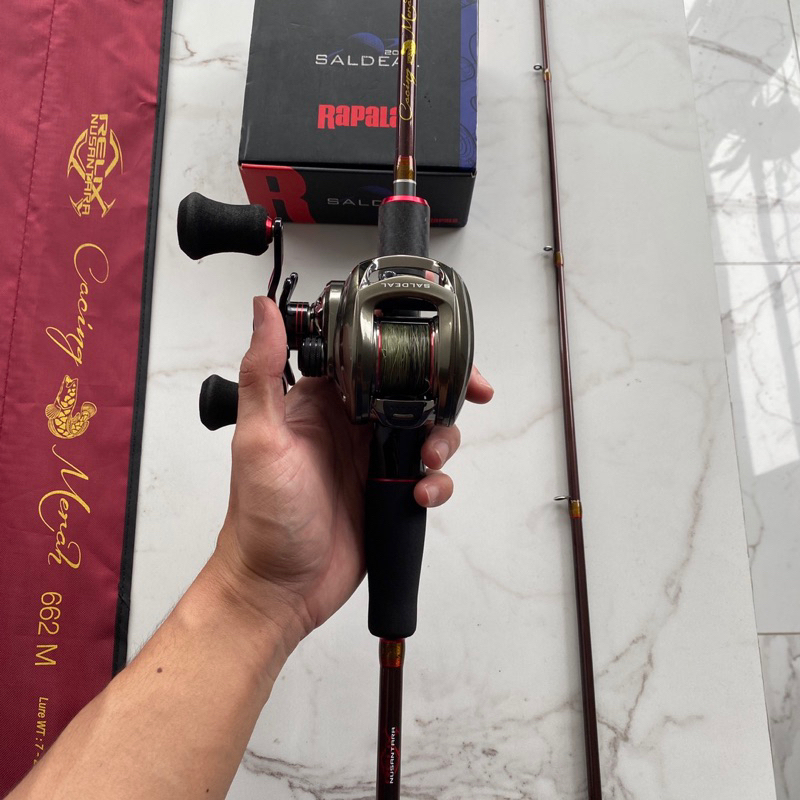 set pancingan bc rod relix nusantara cacing merah & reel rapala saldeal 200l