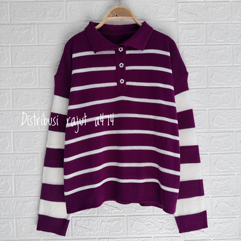 KEY KEY POLO SWEATER RAJUT KANCING MOTIP BLASTER STRIPE OVERSIZE ATASAN LENGAN PANJANG WANITA