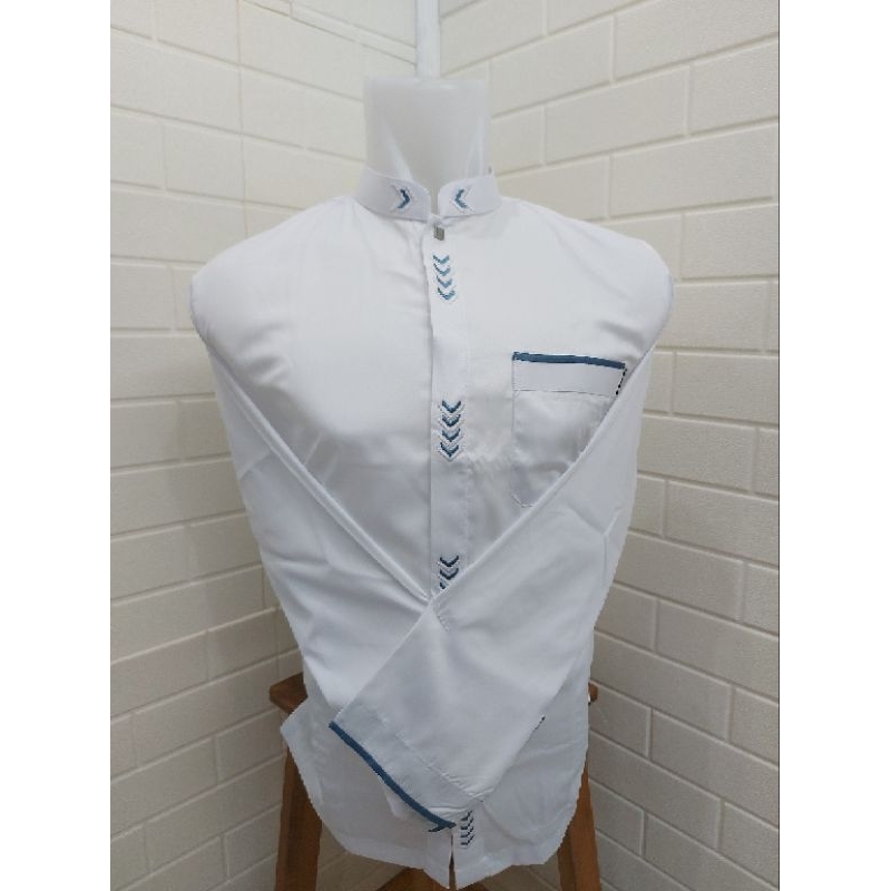 Baju Koko Busana Muslim Pria Al-Wafa/AWF Medium Gold 0387 Putih Bordir Lengan Panjang Cuff