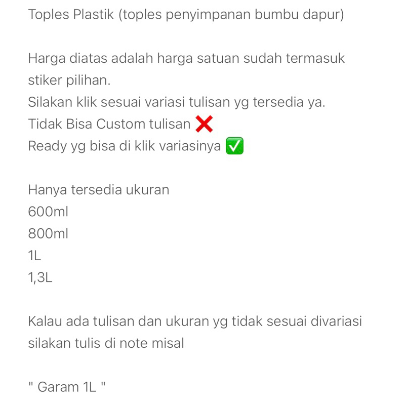 Toples Plastik + Label Stiker Vynil 600ml-1,3L