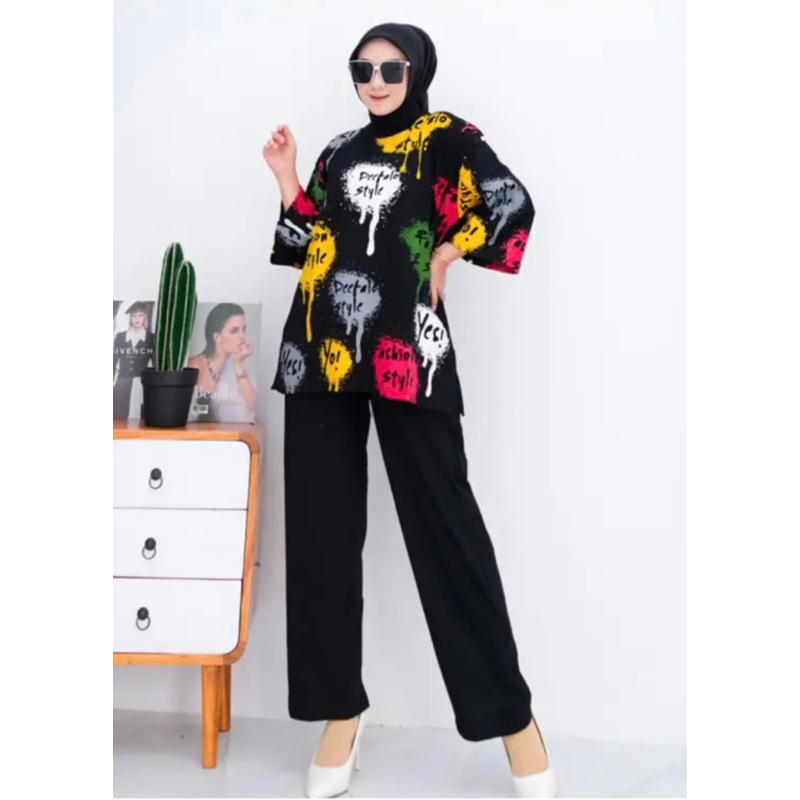 RAZITA SET CRINKLE PRINTING LD 110 // SETELAN POLOS KOMBINASI PRINTING // RAZITA SET // ONE SET POLO