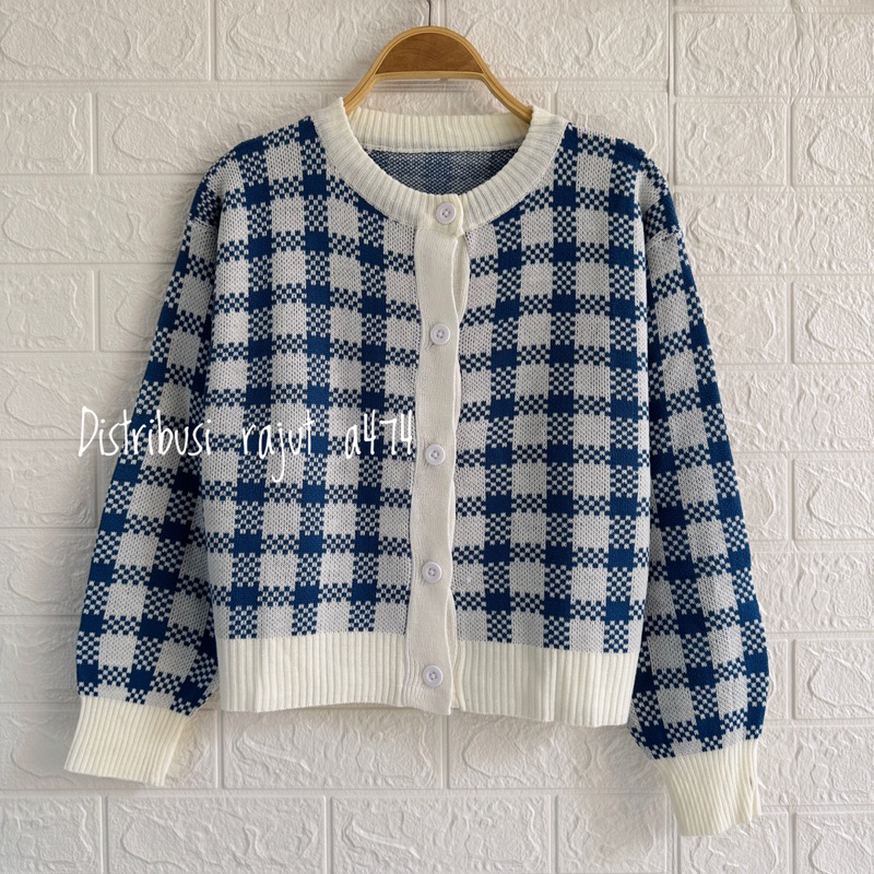 MAY CARDIGAN RAJUT KANCING CROP TOP MOTIF KOTAK KOTAK