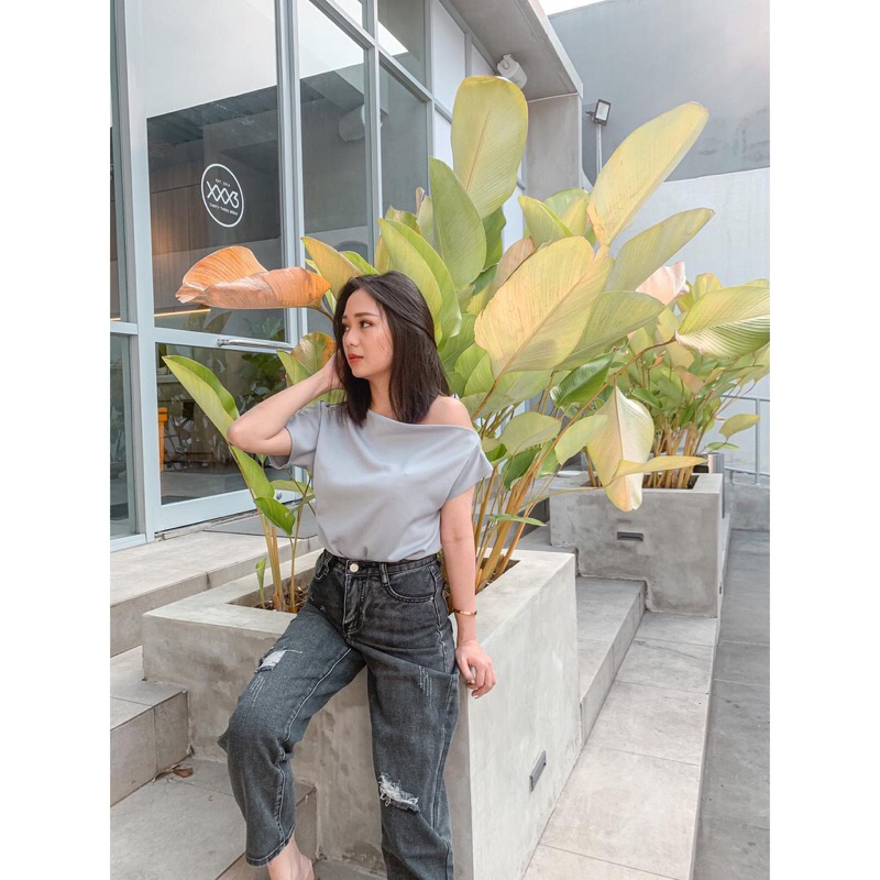 Highwaist Celana Jeans Boyfirend Emy Ripped Jeans Tidak Tembus ( ada lapisan ) by Alzera