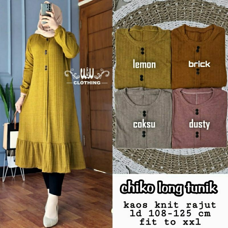 Chiko Long Tunik, TUNIK WANITA CANTIK MODIS FIT XXL LD 108-125 BAHAN KAOS KNITE RAJUT IMPORT TERMURAH OOTD KEKINIAN TERLARIS