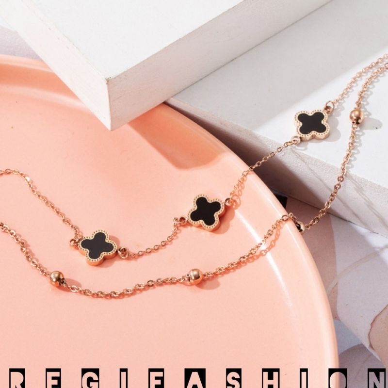 { COD } Gelang Titanium Wanita Desaign Clover Hitam 2 Layer Kalung Wanita Korea Terbaru Kekinian Anti Karat Tidak Luntur